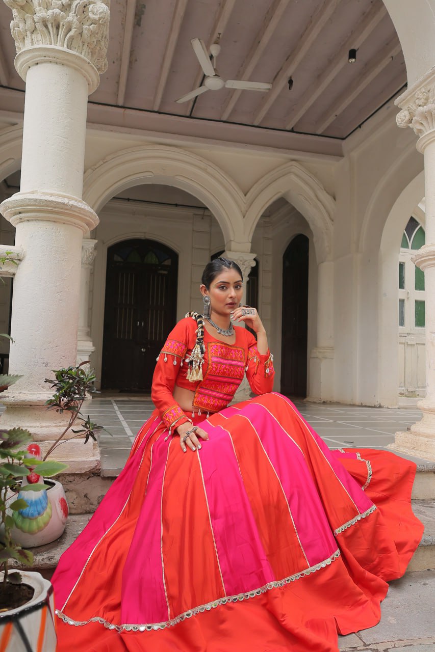Navratri Collection Roman Orange Top With Lehenga