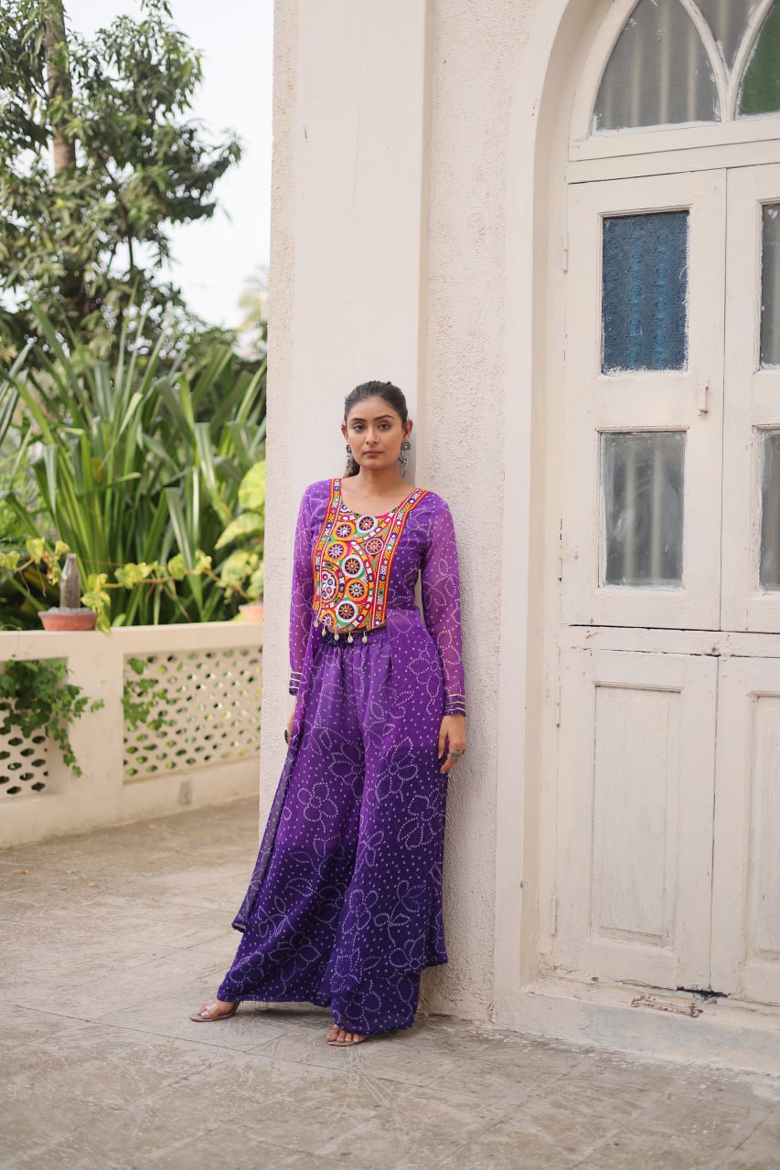 Navratri Wear Orange Bandhni Work Palazzo Suit