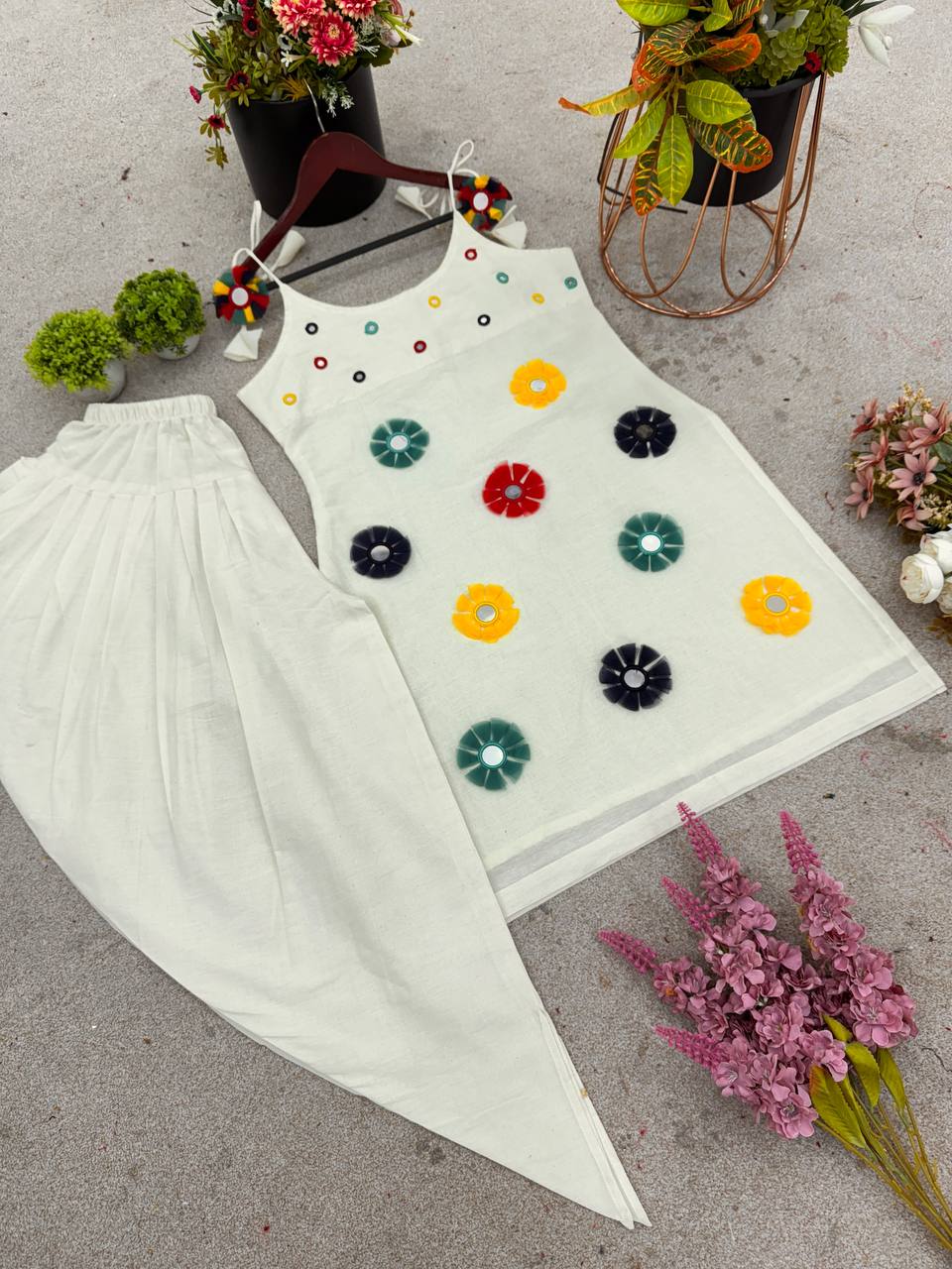 Ravishing White Cotton with Mirror Work Dhoti Suit