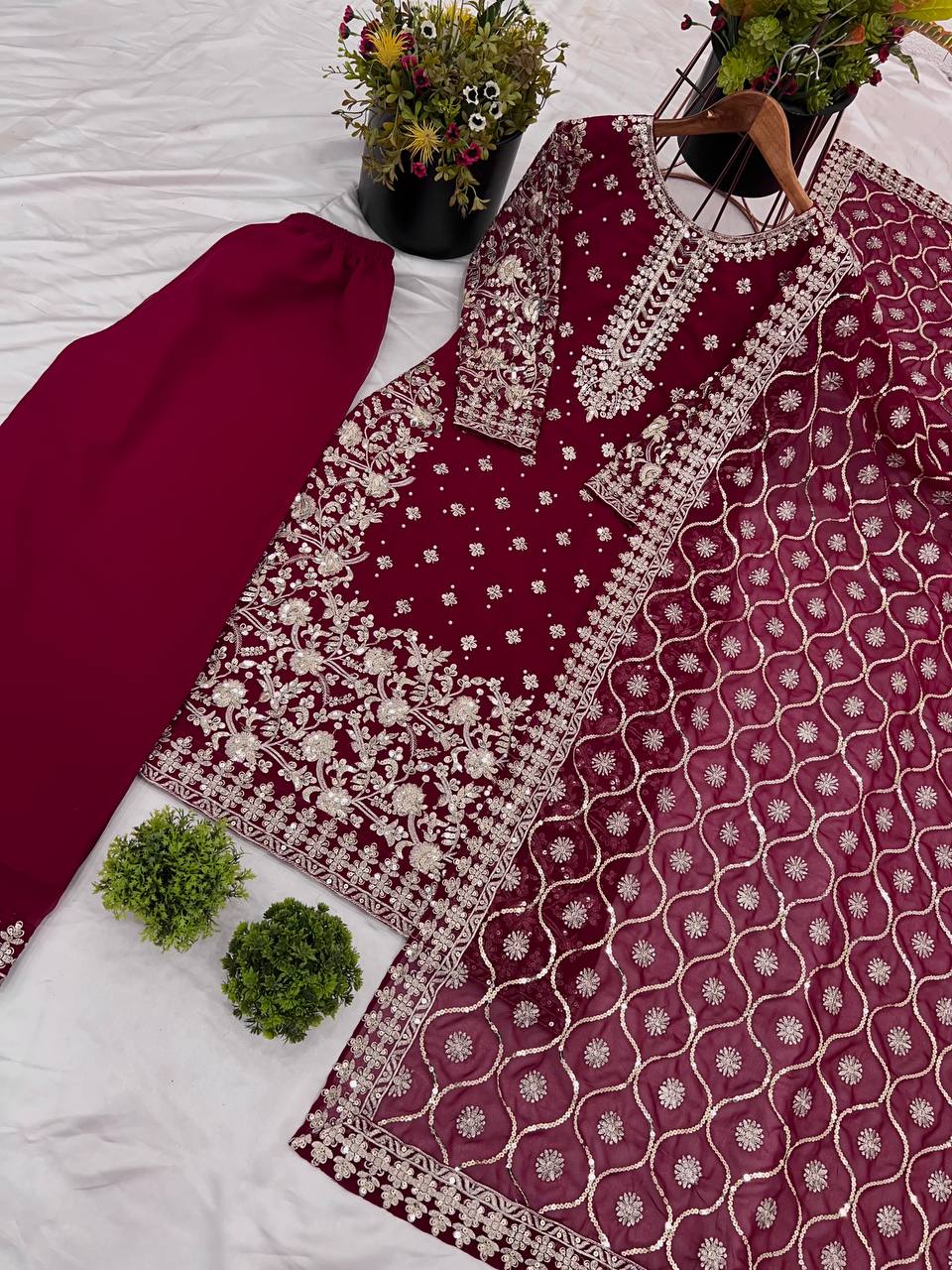 Lovely Maroon Georgette Sequence Work Palazzo Suit