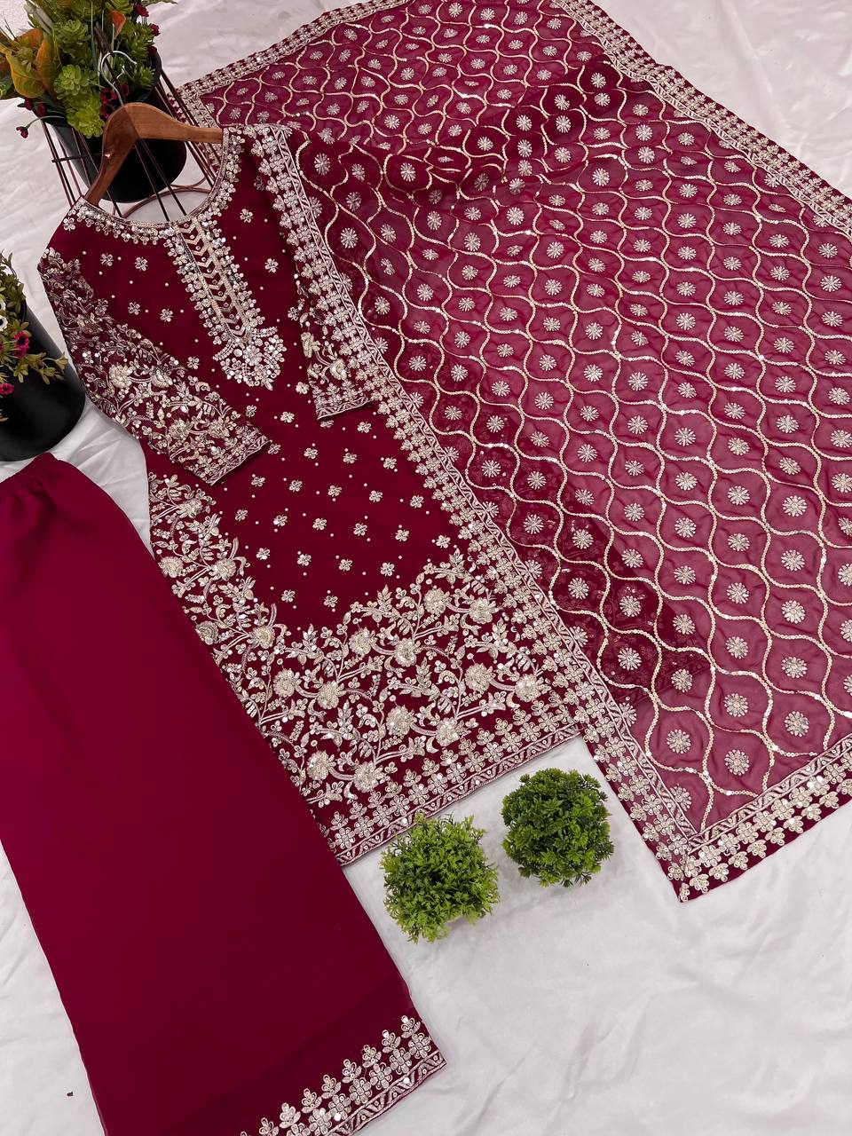 Lovely Maroon Georgette Sequence Work Palazzo Suit