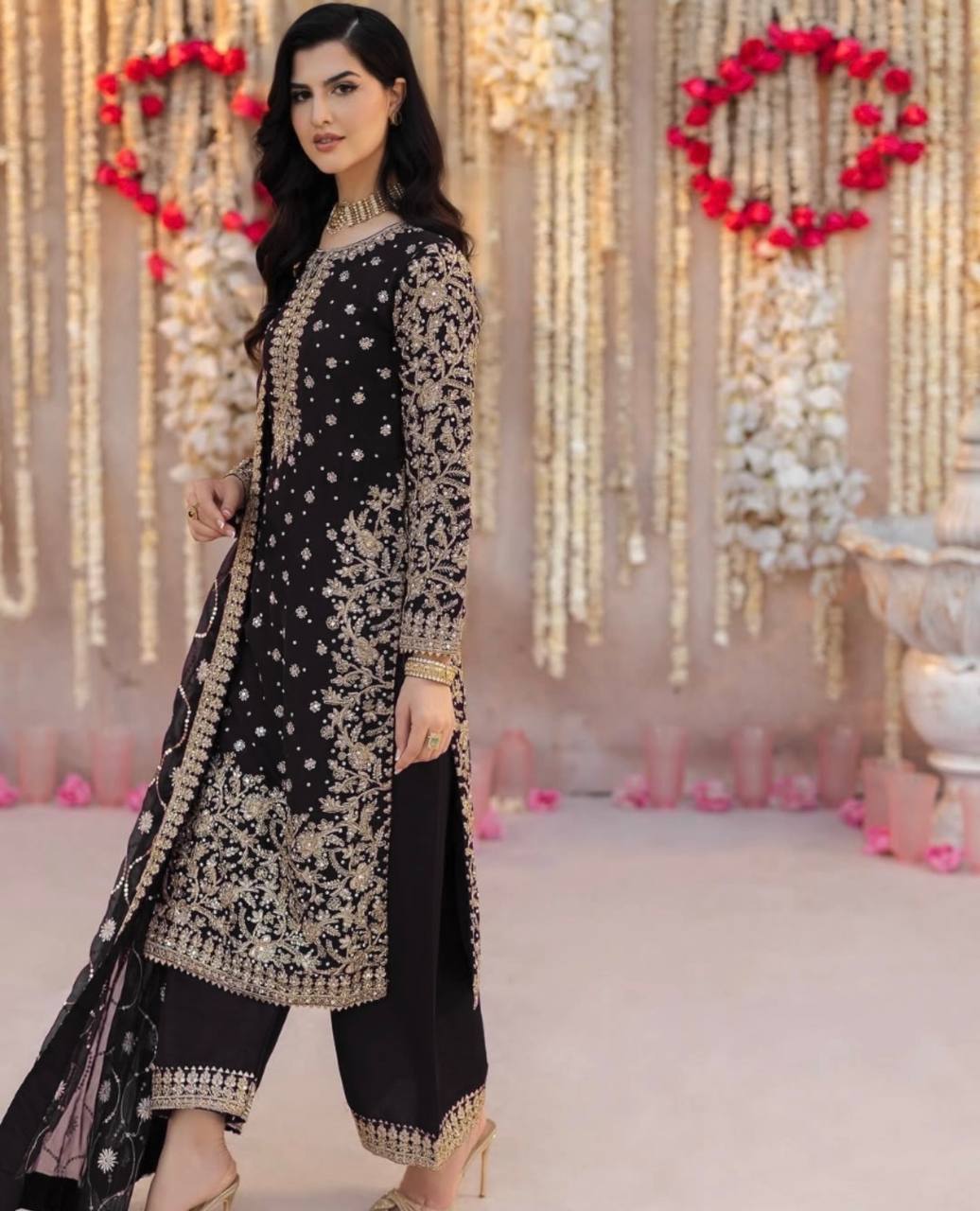 Lovely Maroon Georgette Sequence Work Palazzo Suit