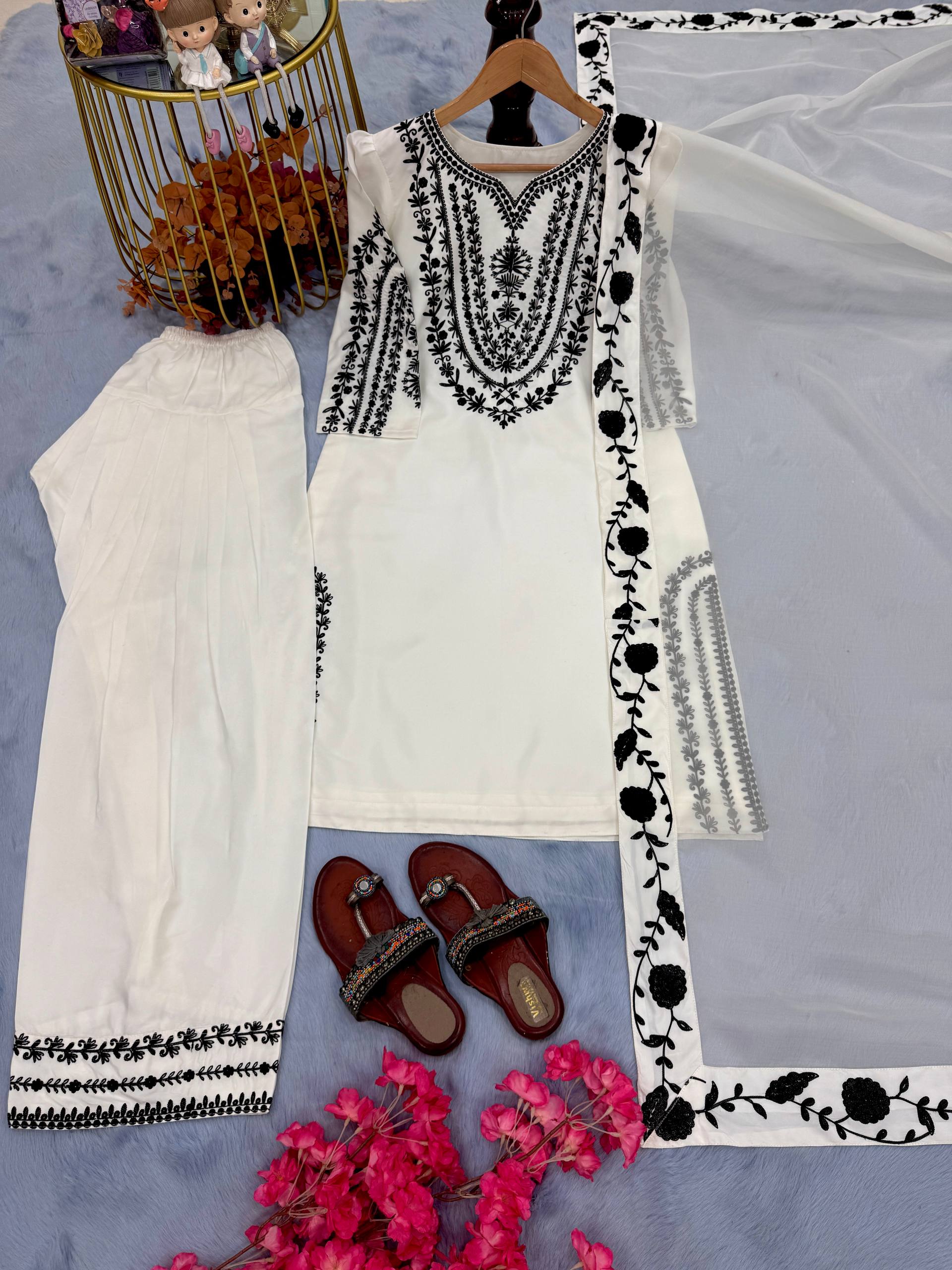 Amazing White Crepe Embroidery Work Palazzo Suit