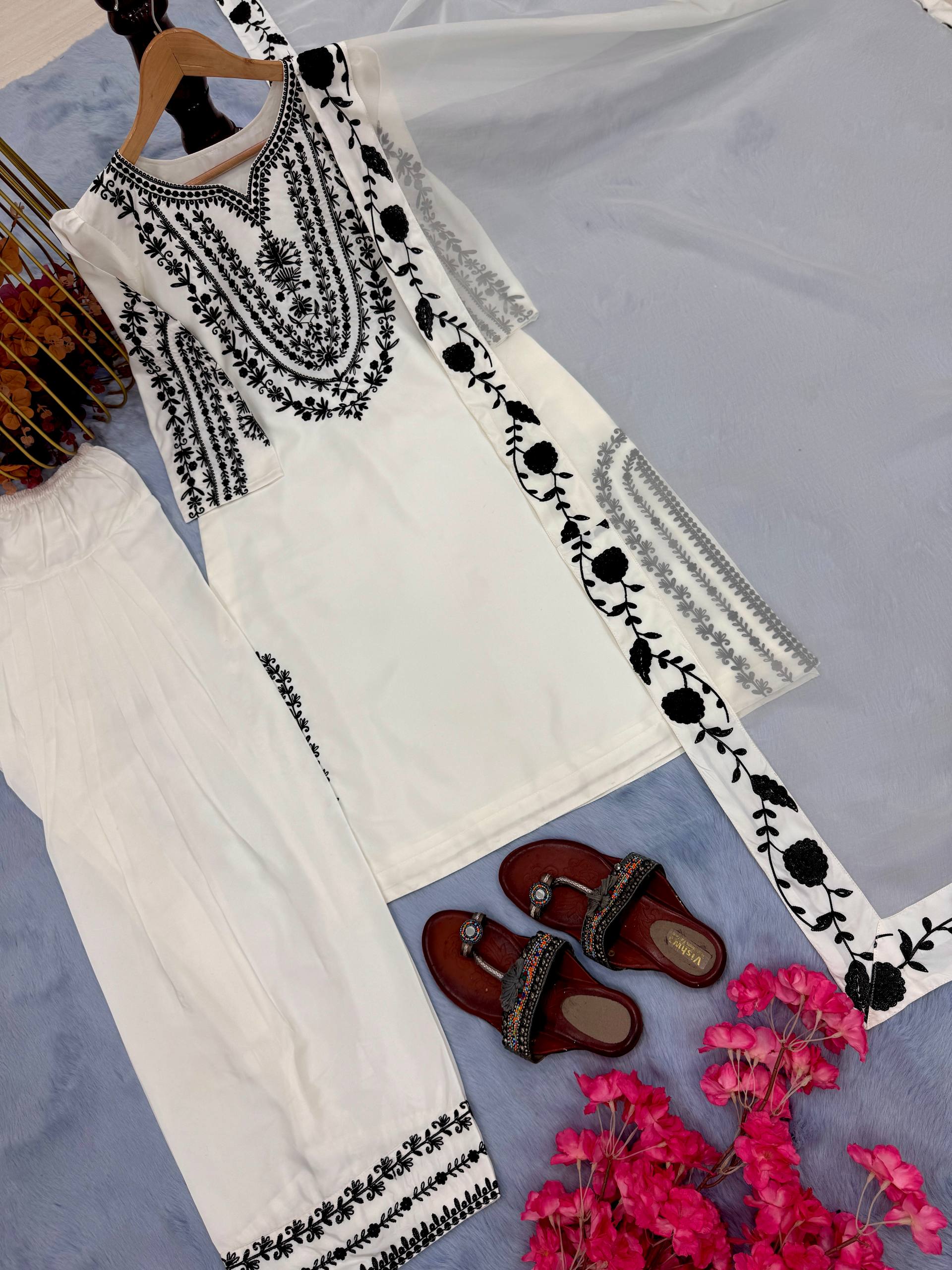 Amazing White Crepe Embroidery Work Palazzo Suit