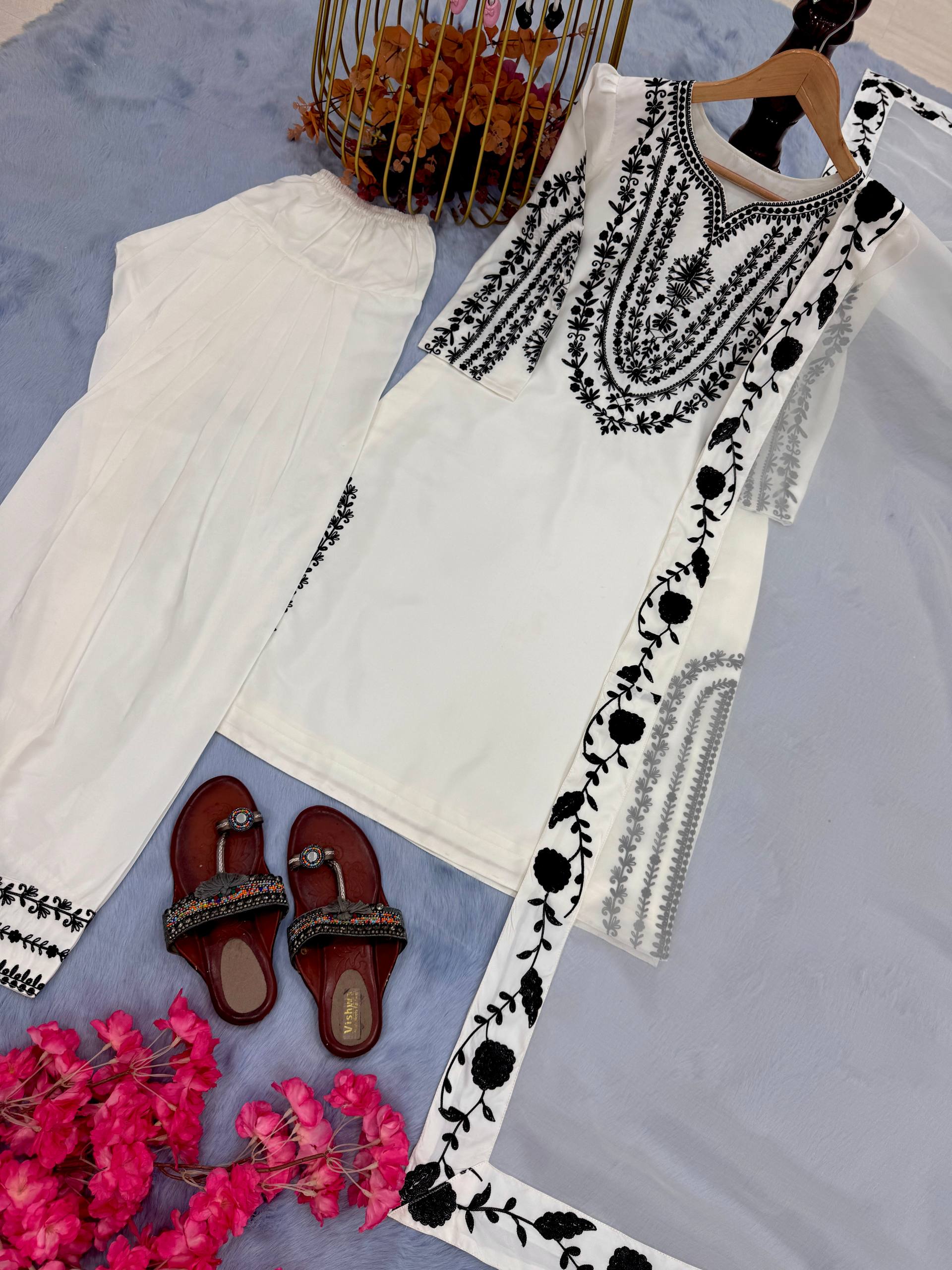Amazing White Crepe Embroidery Work Palazzo Suit