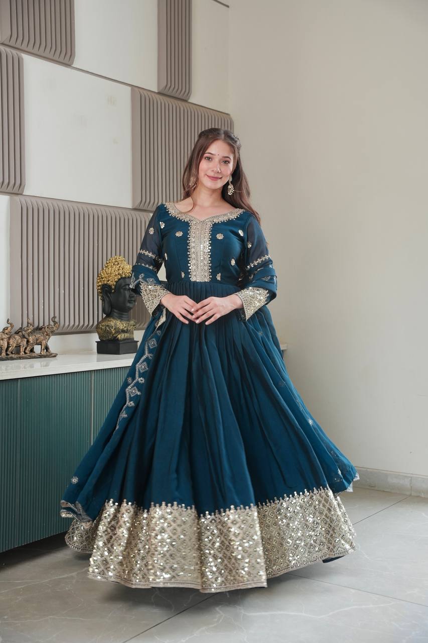 Gorgeous Teal Blue Color Embroidery With Sequence Work Gown