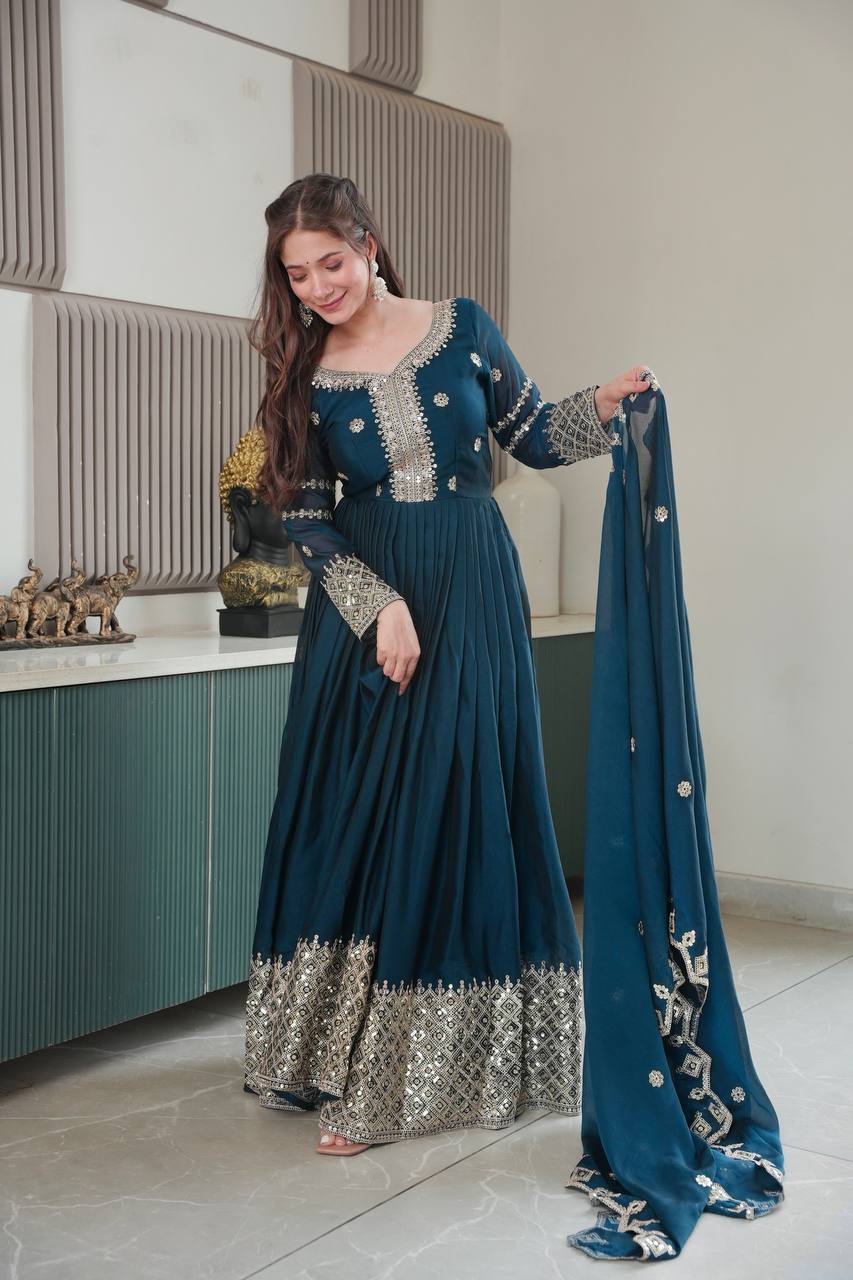 Gorgeous Teal Blue Color Embroidery With Sequence Work Gown