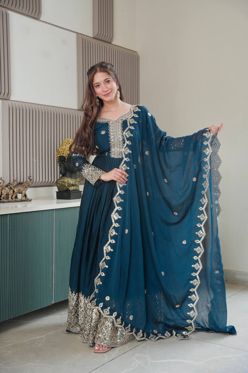 Gorgeous Teal Blue Color Embroidery With Sequence Work Gown