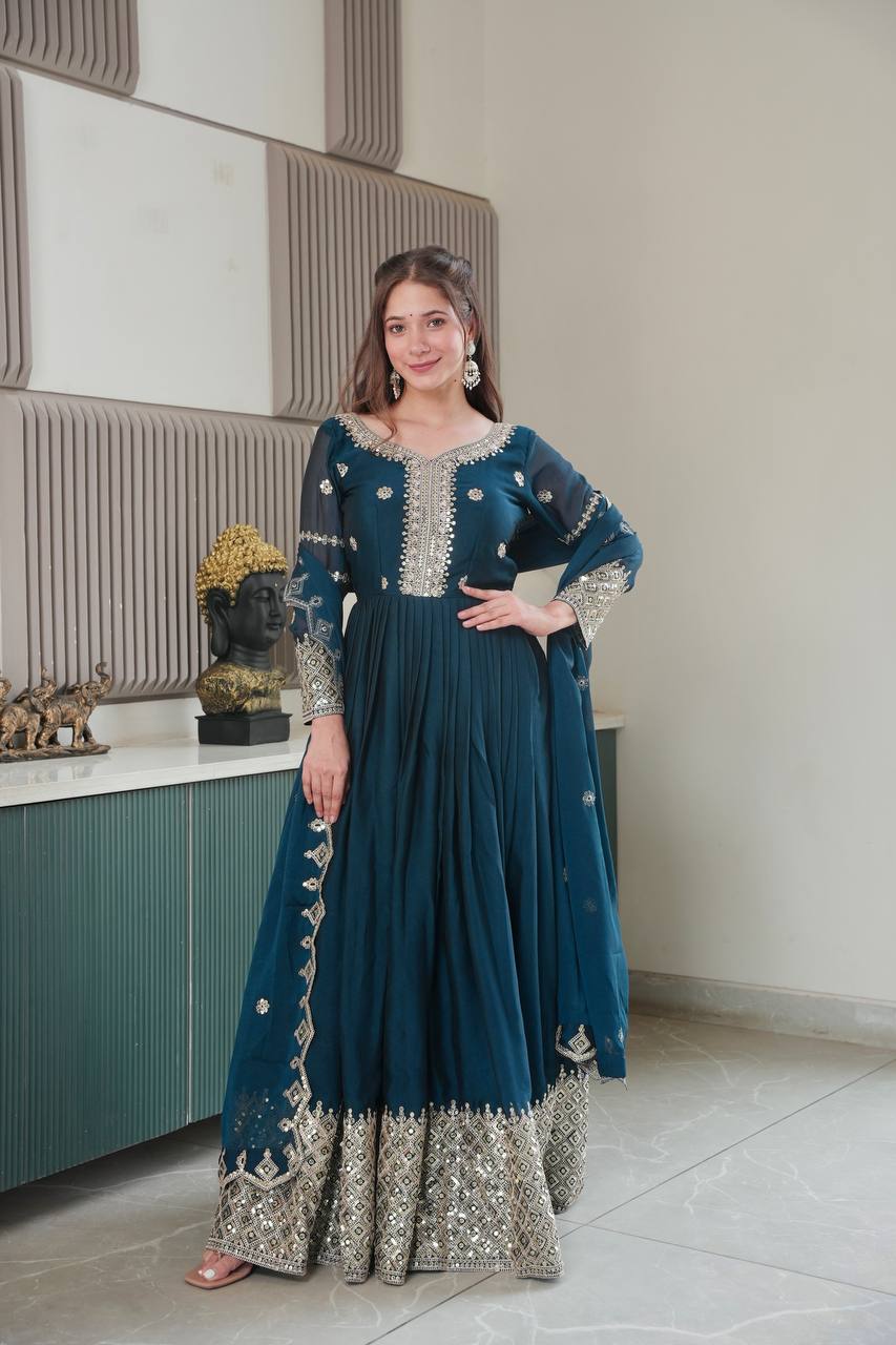 Gorgeous Teal Blue Color Embroidery With Sequence Work Gown