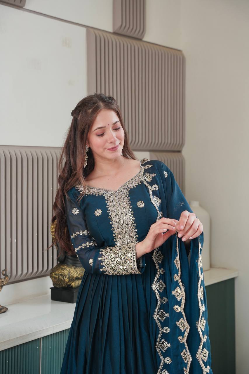 Gorgeous Teal Blue Color Embroidery With Sequence Work Gown
