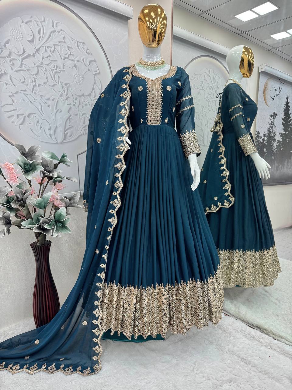 Gorgeous Teal Blue Color Embroidery With Sequence Work Gown
