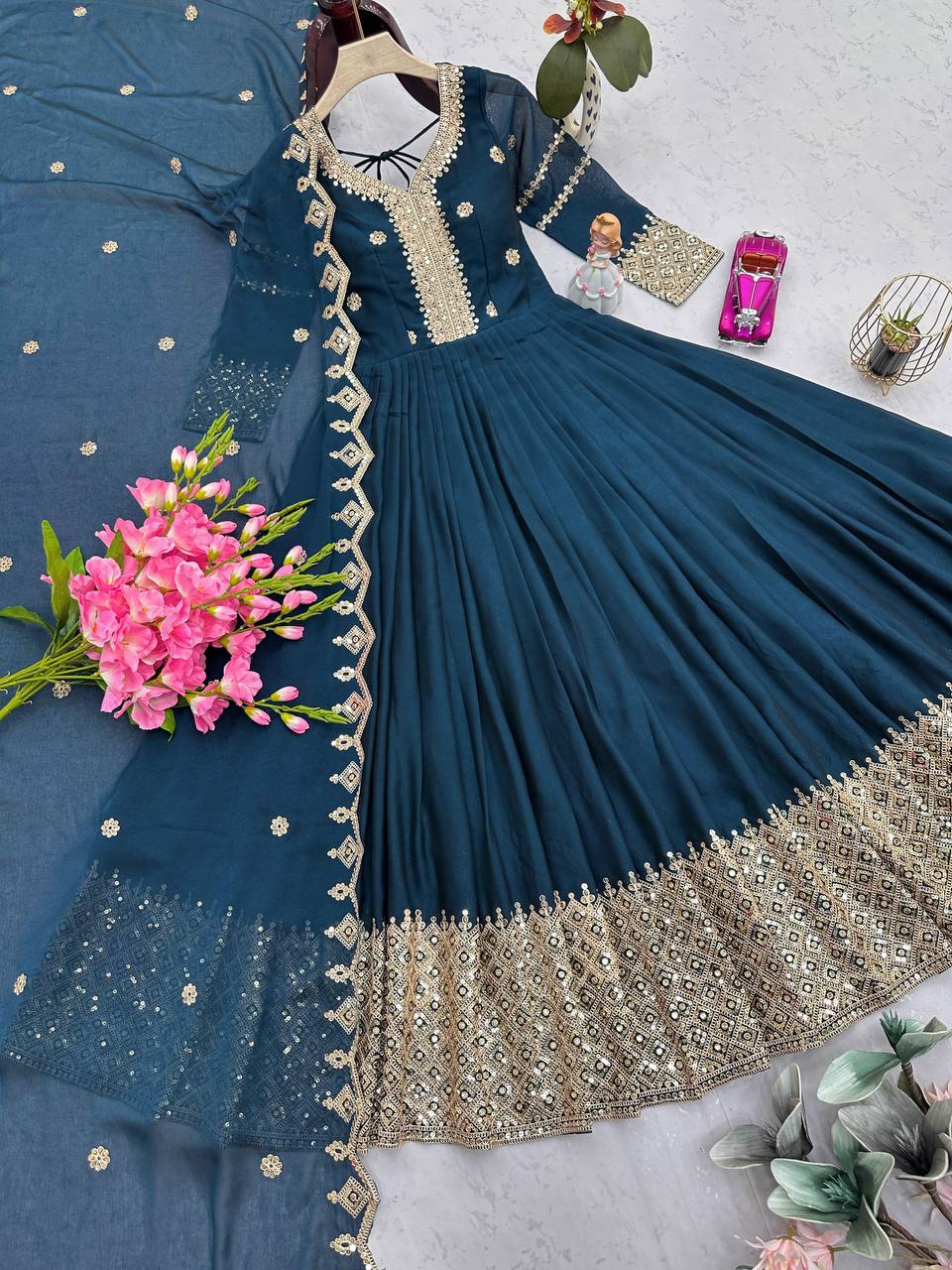 Gorgeous Teal Blue Color Embroidery With Sequence Work Gown