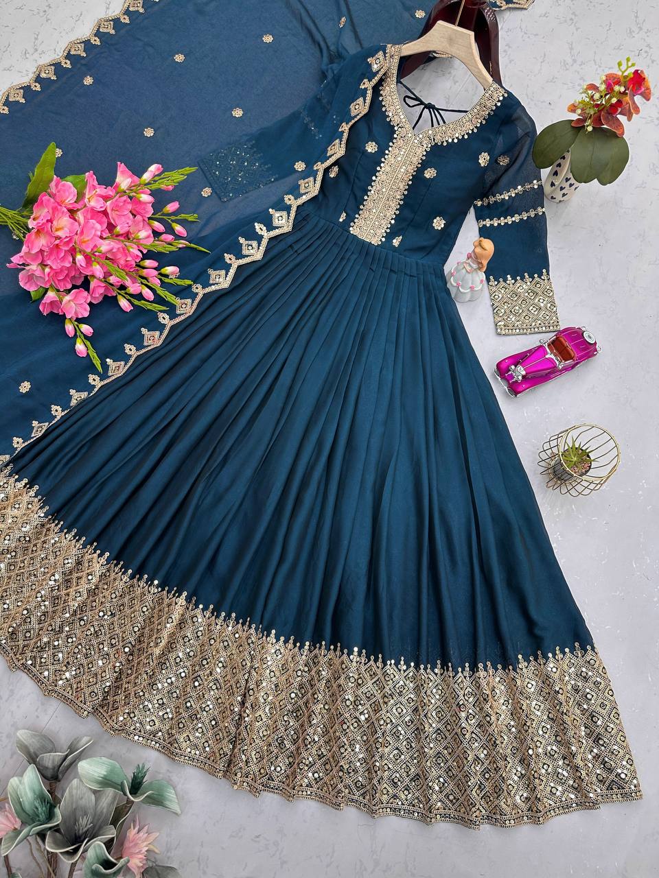Gorgeous Teal Blue Color Embroidery With Sequence Work Gown