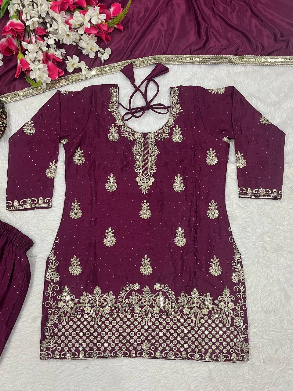 Ravishing Red Chinon Silk Sequence Work Sharara Suit
