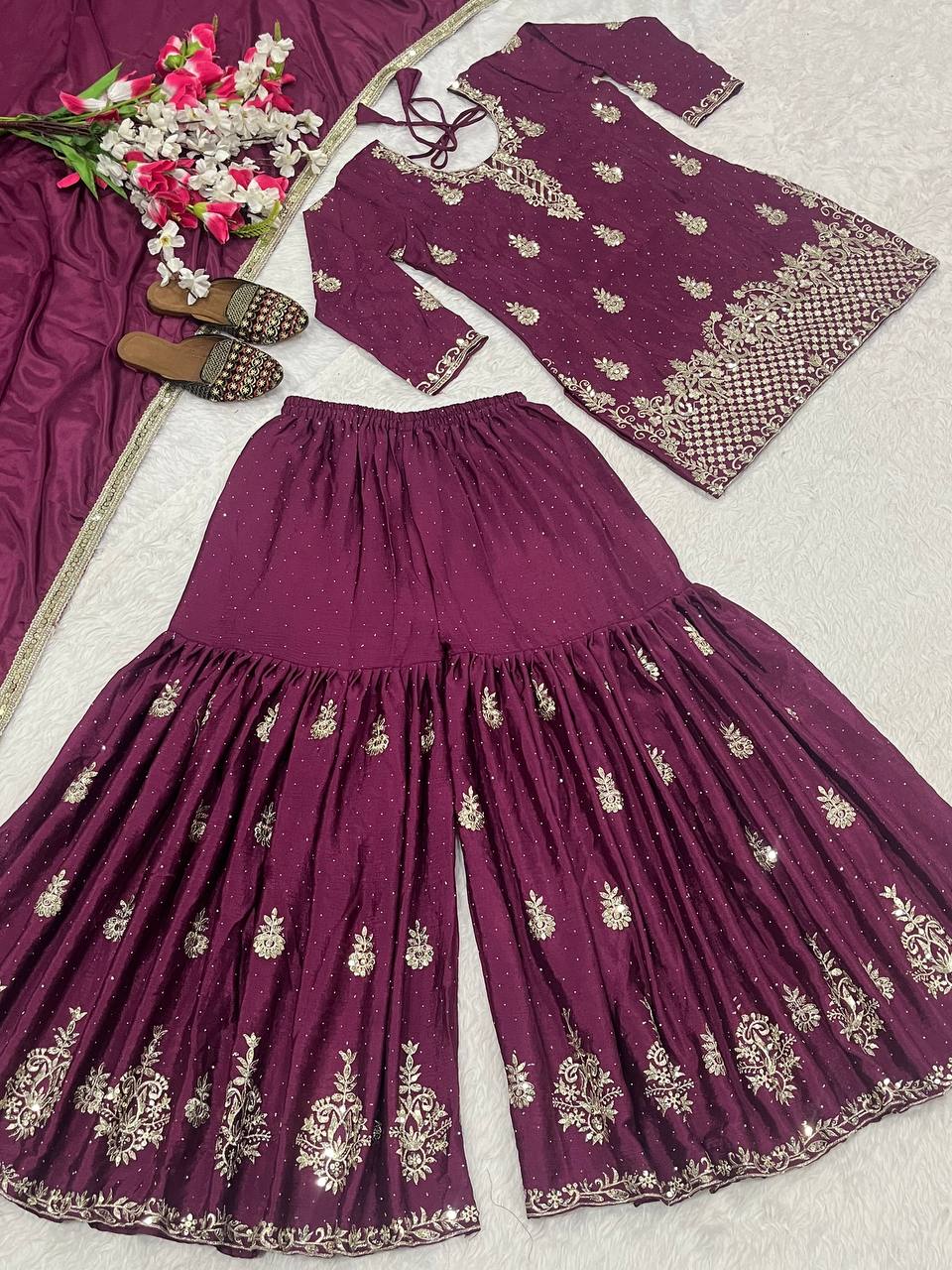 Ravishing Red Chinon Silk Sequence Work Sharara Suit