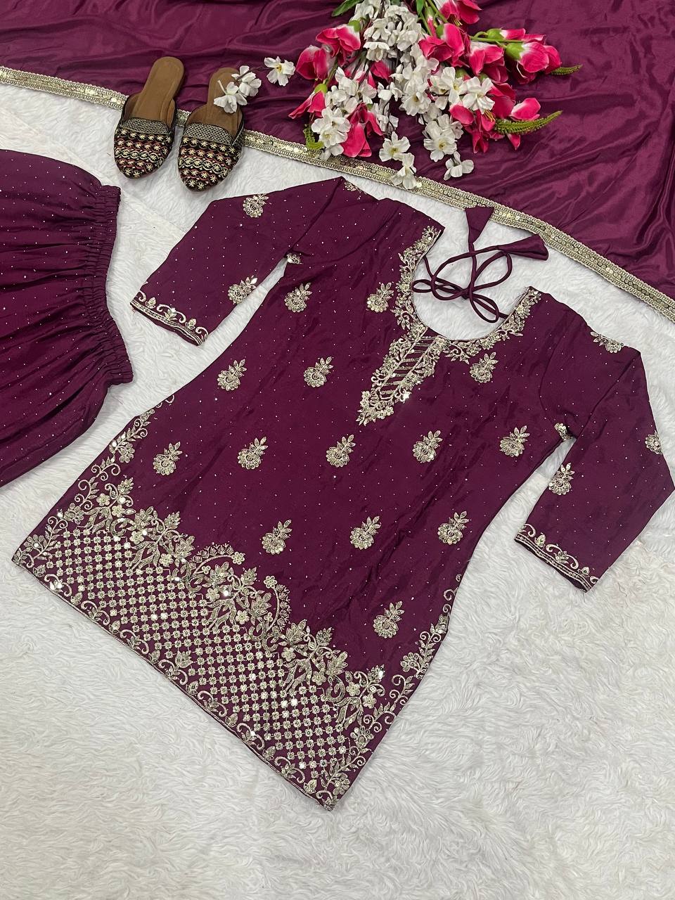 Ravishing Red Chinon Silk Sequence Work Sharara Suit