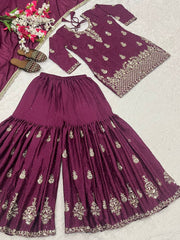Ravishing Red Chinon Silk Sequence Work Sharara Suit