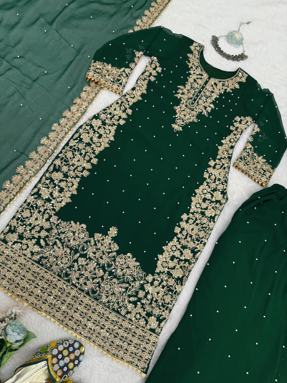 Trendy Green Georgette Sequence Work Palazzo Suit