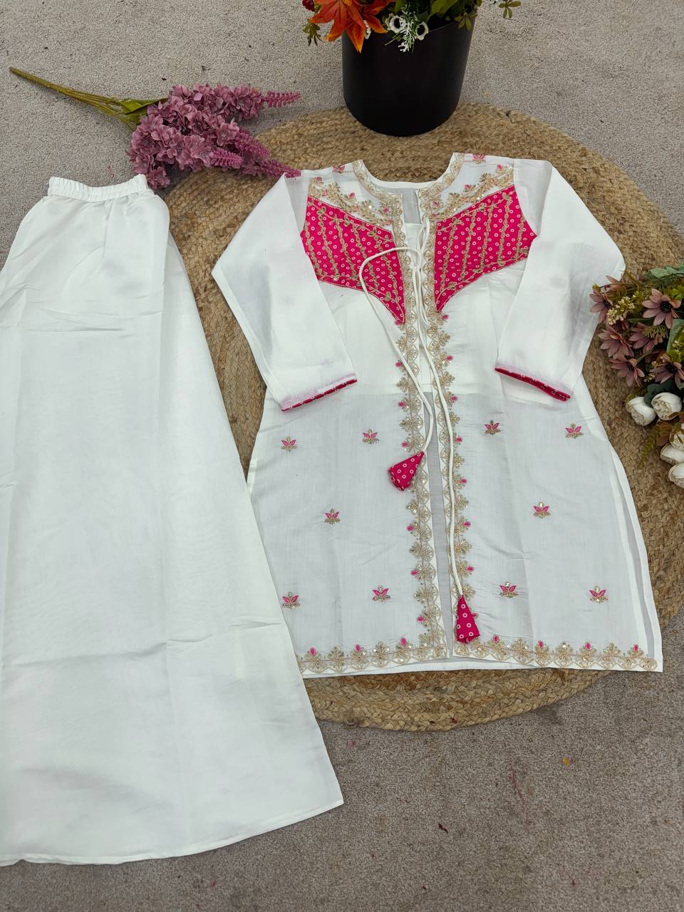 Pretty White Silk with Embroidery Work Co-ord Set