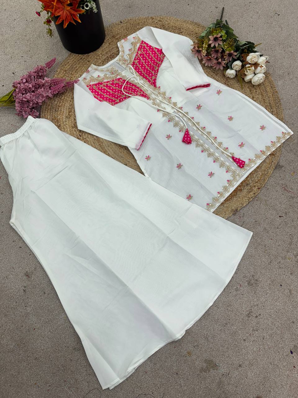 Pretty White Silk with Embroidery Work Co-ord Set