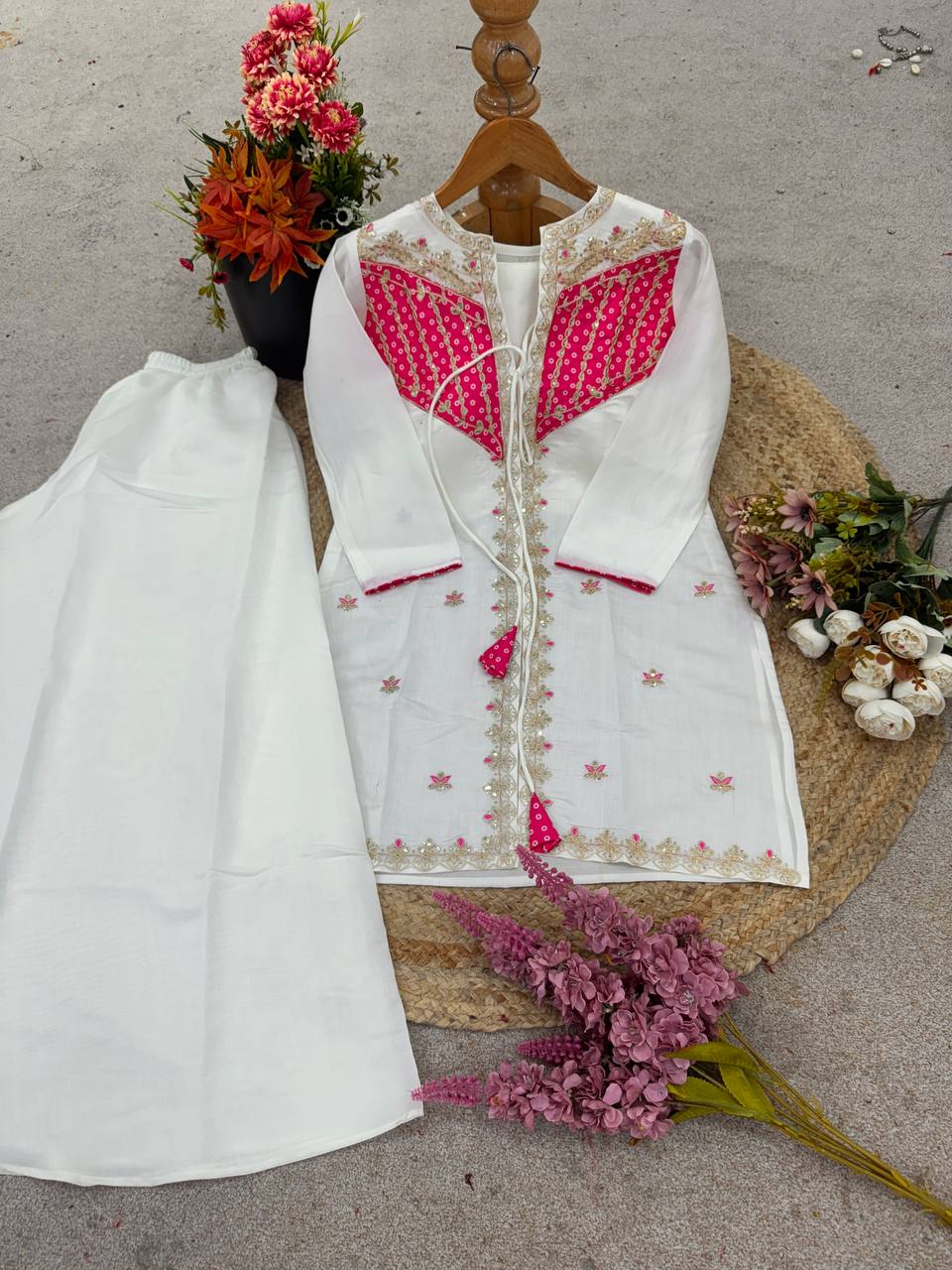 Pretty White Silk with Embroidery Work Co-ord Set
