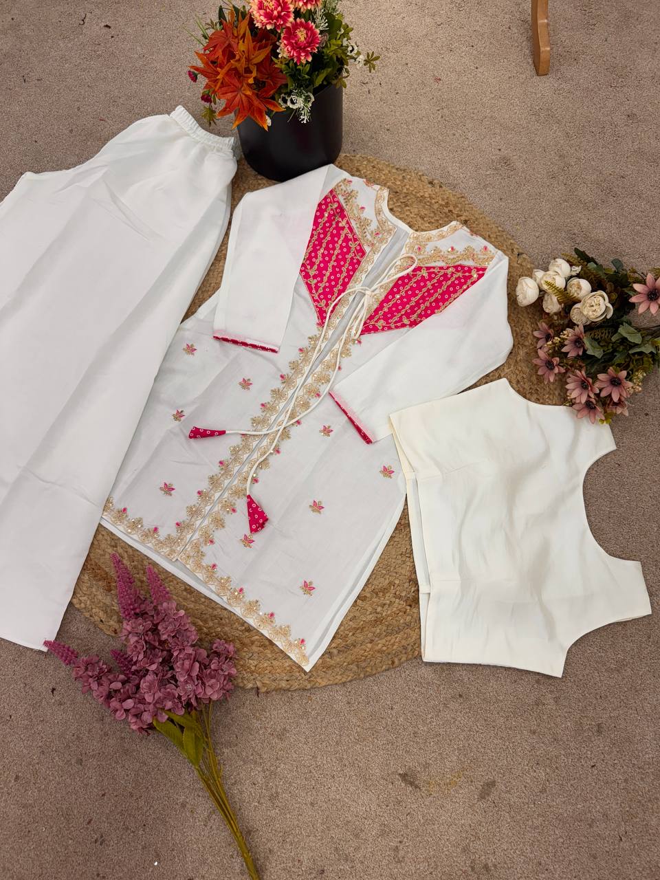 Pretty White Silk with Embroidery Work Co-ord Set