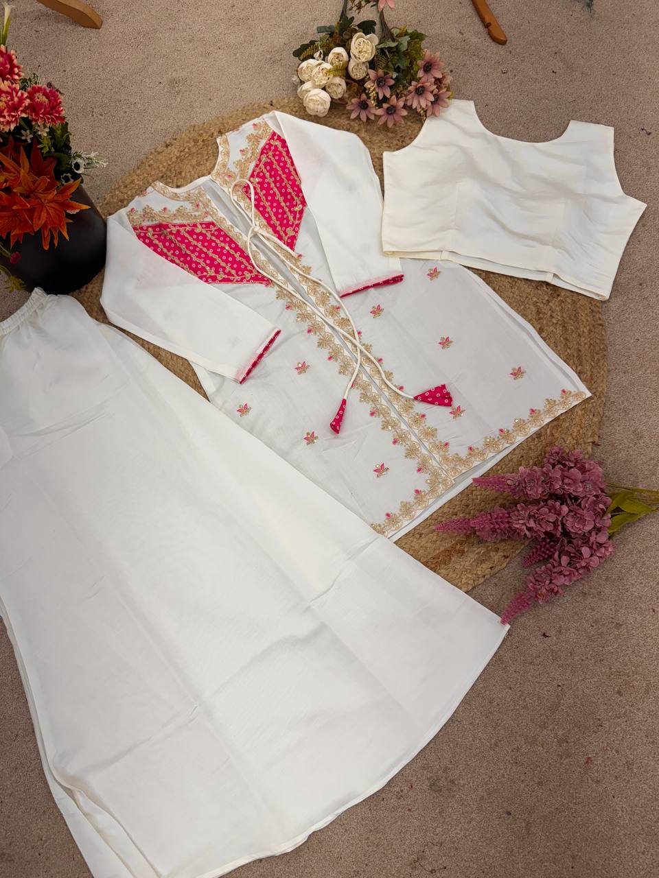 Pretty White Silk with Embroidery Work Co-ord Set