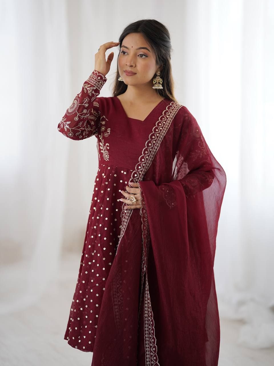 Lovely Maroon Crunchy Silk Embroidery Work Sharara Suit