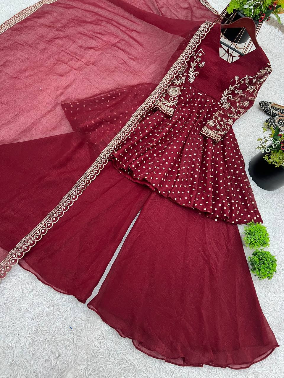 Lovely Maroon Crunchy Silk Embroidery Work Sharara Suit
