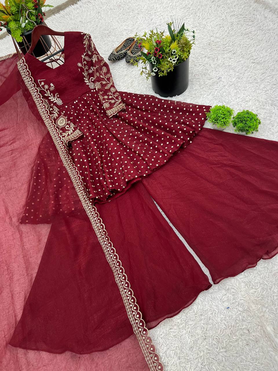 Lovely Maroon Crunchy Silk Embroidery Work Sharara Suit