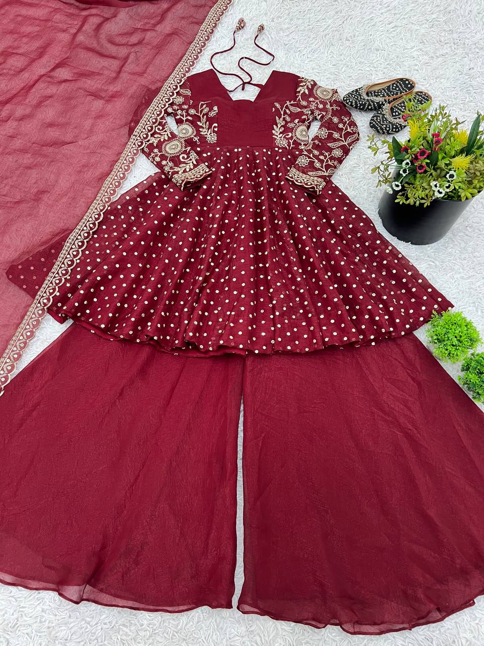 Lovely Maroon Crunchy Silk Embroidery Work Sharara Suit