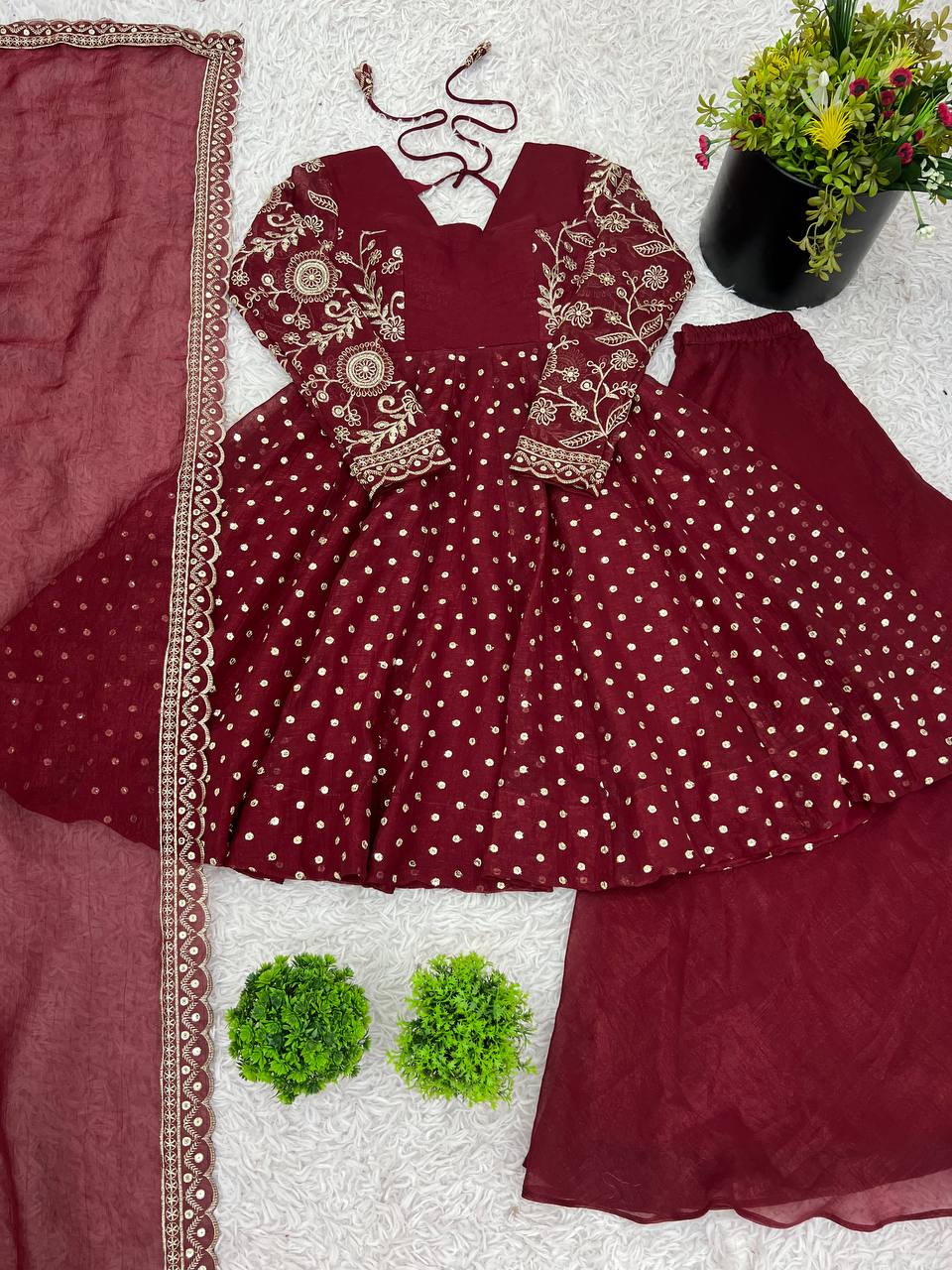 Lovely Maroon Crunchy Silk Embroidery Work Sharara Suit