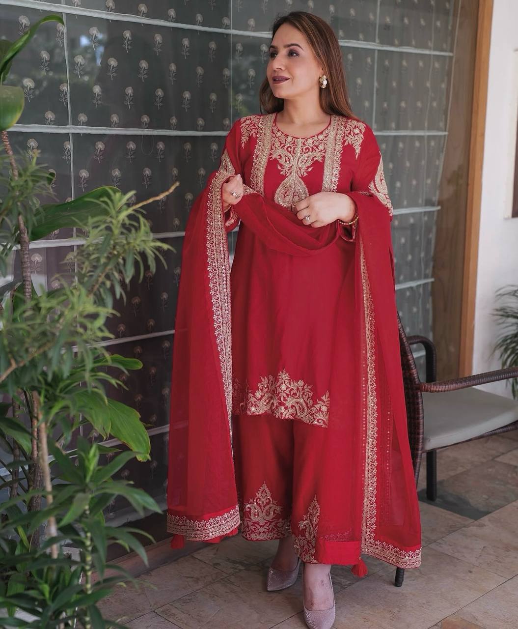 Ravishing Yellow Chinon Silk Work Palazzo Suit