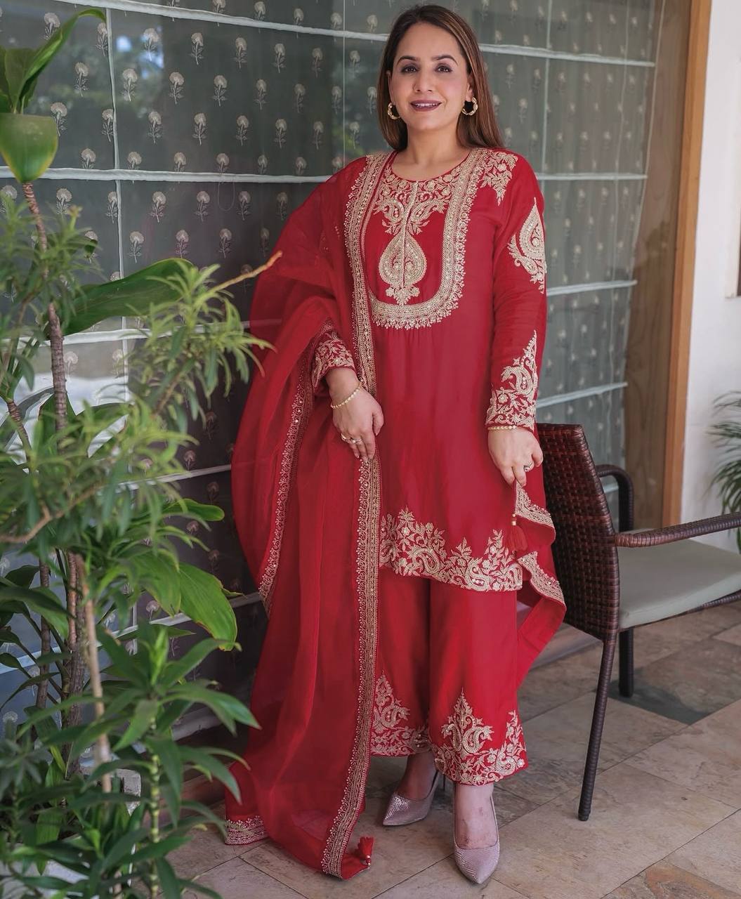 Ravishing Yellow Chinon Silk Work Palazzo Suit