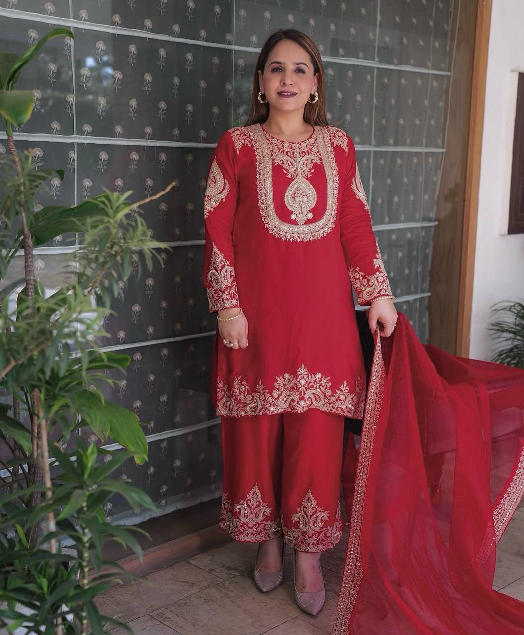 Ravishing Yellow Chinon Silk Work Palazzo Suit