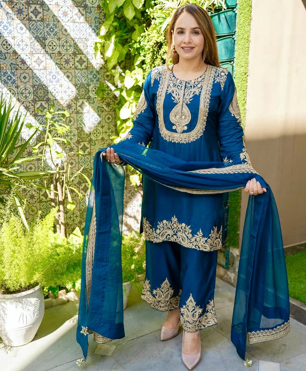 Ravishing Yellow Chinon Silk Work Palazzo Suit