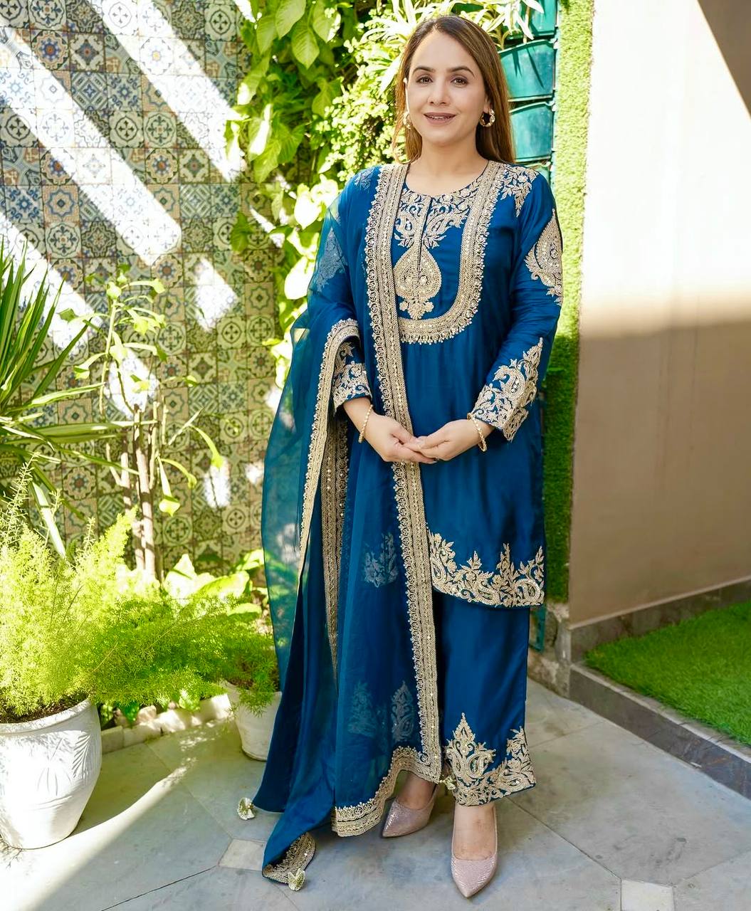 Ravishing Yellow Chinon Silk Work Palazzo Suit