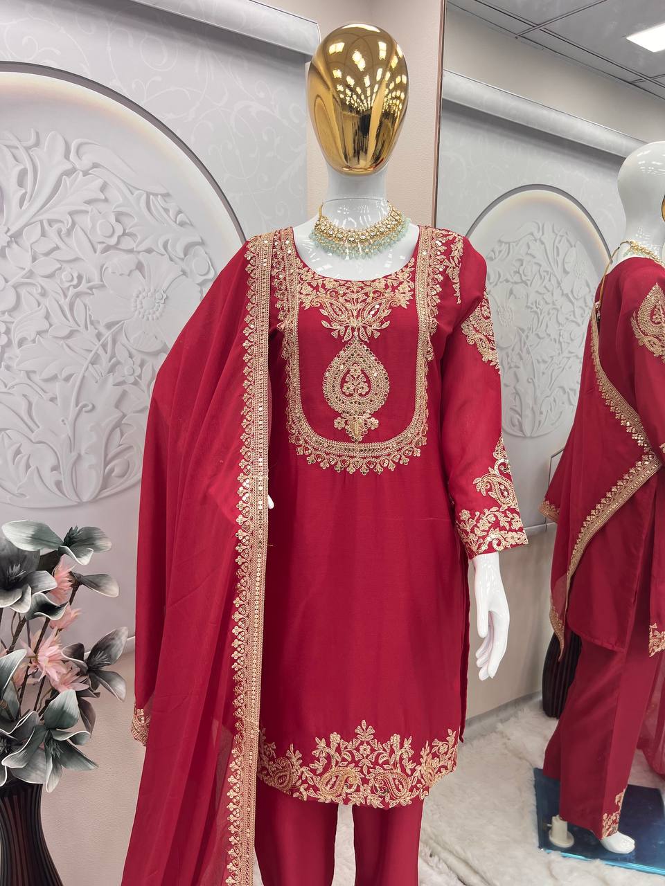 Ravishing Yellow Chinon Silk Work Palazzo Suit