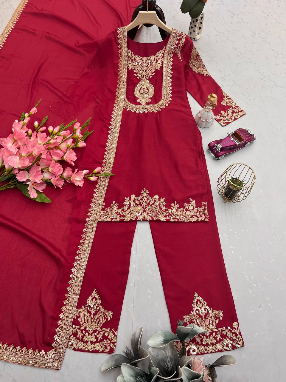 Ravishing Yellow Chinon Silk Work Palazzo Suit