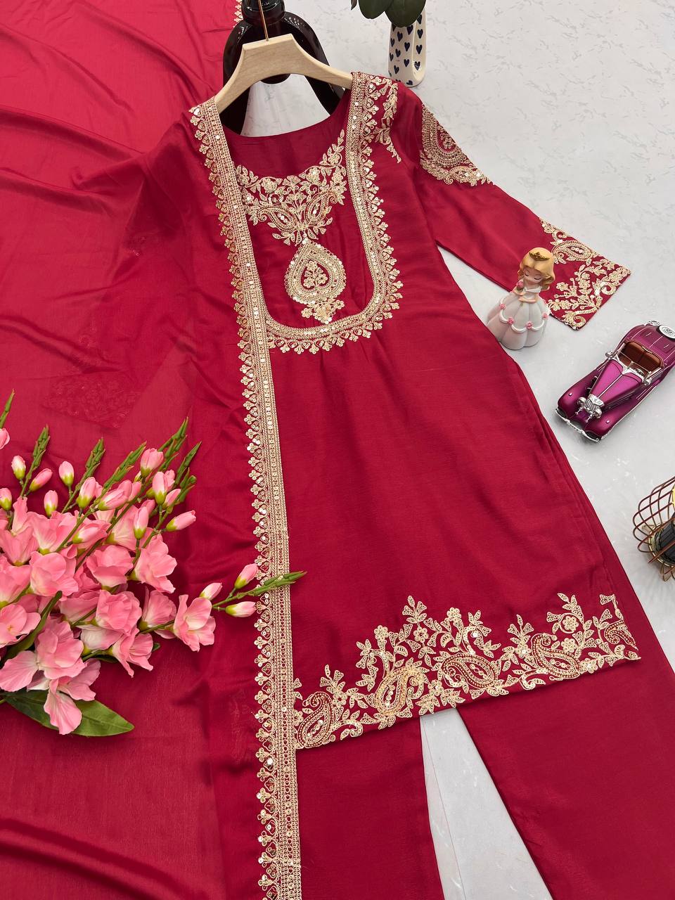 Ravishing Yellow Chinon Silk Work Palazzo Suit