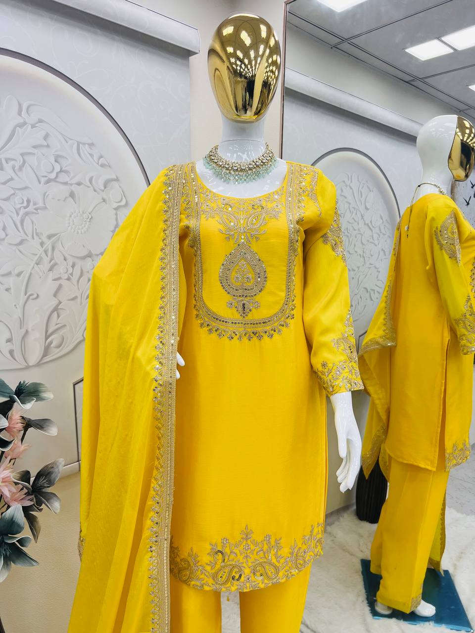 Ravishing Yellow Chinon Silk Work Palazzo Suit