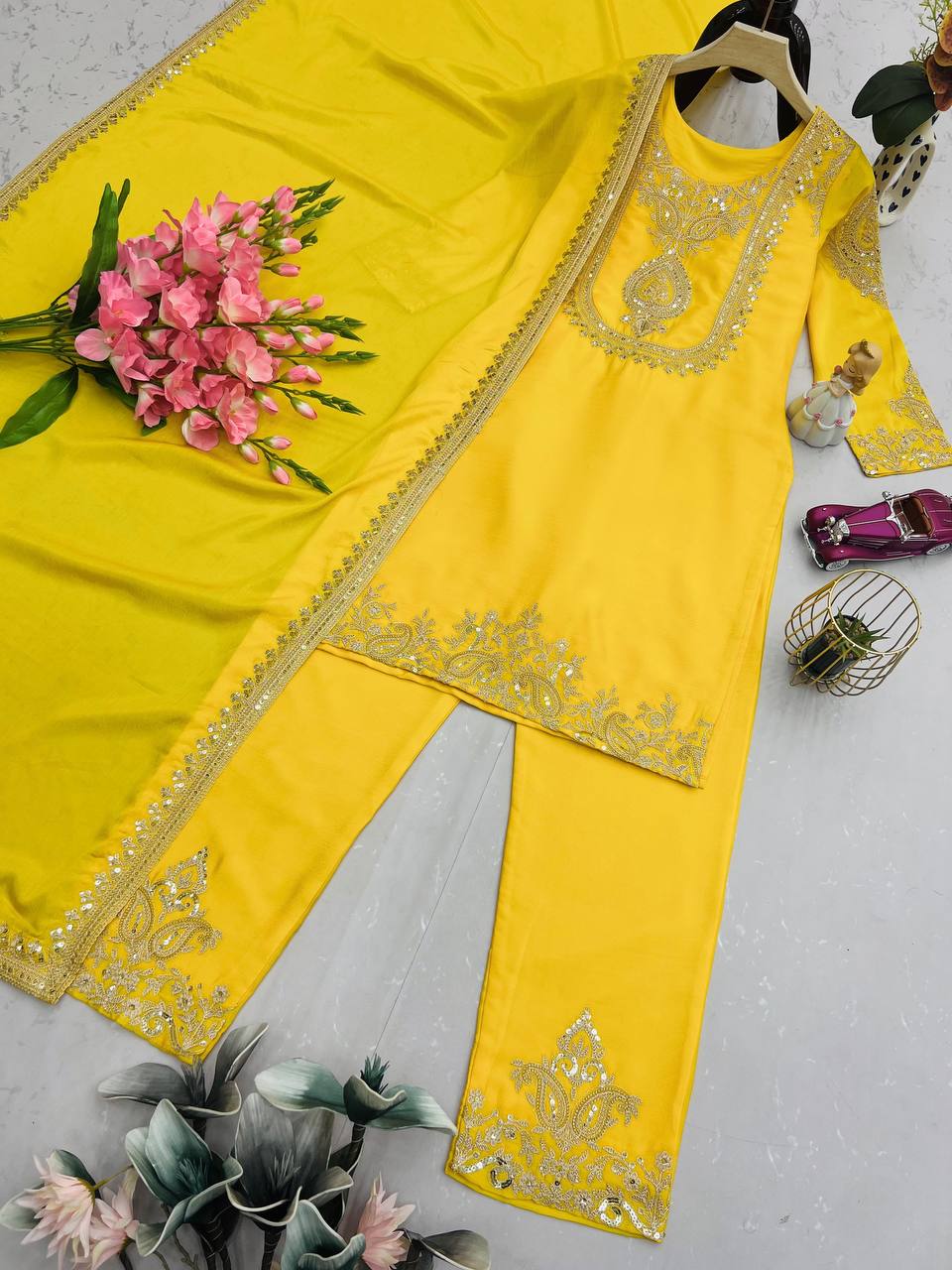 Ravishing Yellow Chinon Silk Work Palazzo Suit