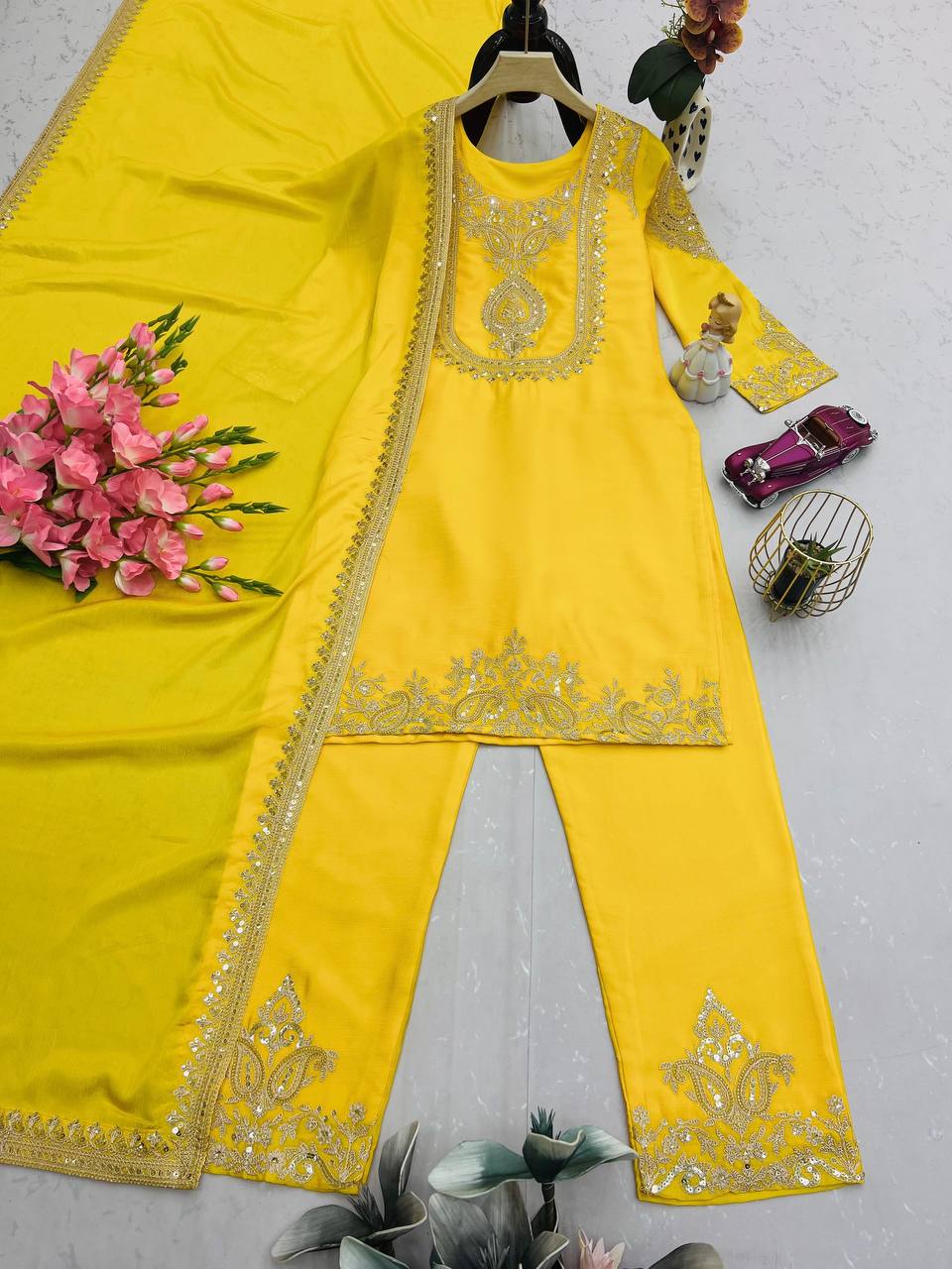 Ravishing Yellow Chinon Silk Work Palazzo Suit