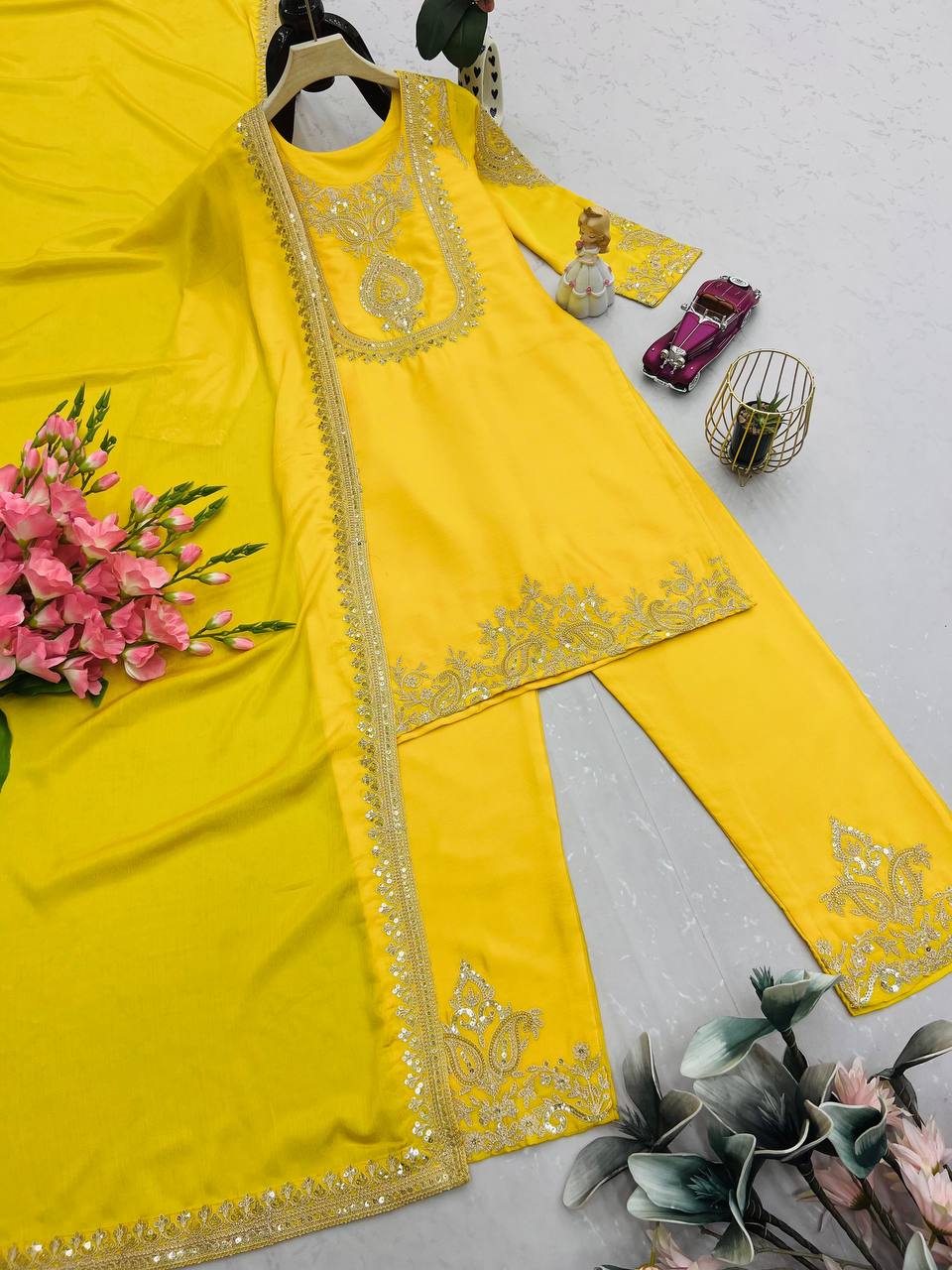 Ravishing Yellow Chinon Silk Work Palazzo Suit