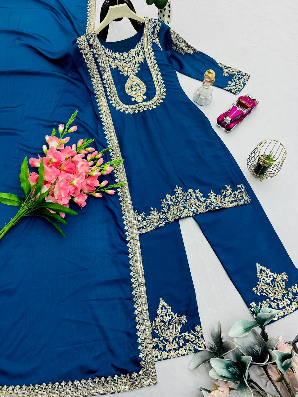 Ravishing Yellow Chinon Silk Work Palazzo Suit