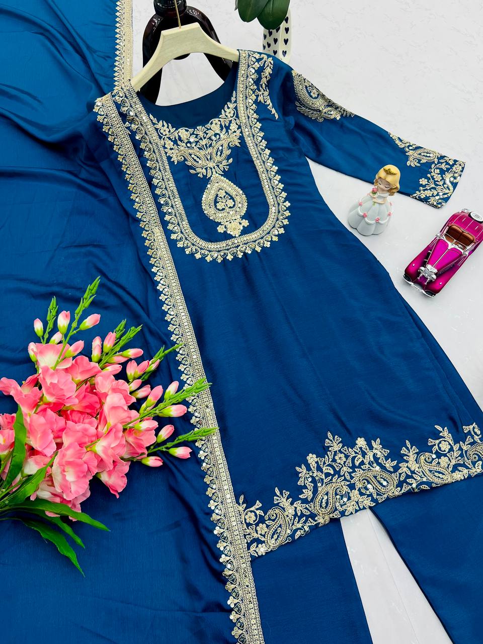 Ravishing Yellow Chinon Silk Work Palazzo Suit