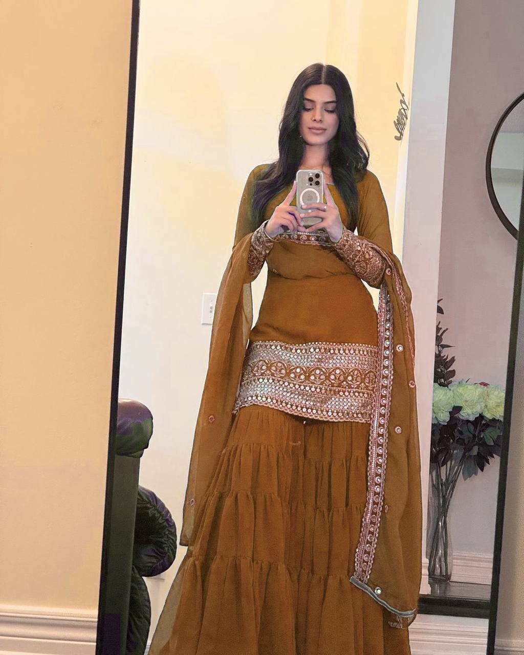 Ravishing Brown Georgette Thread Work Sharara Suit