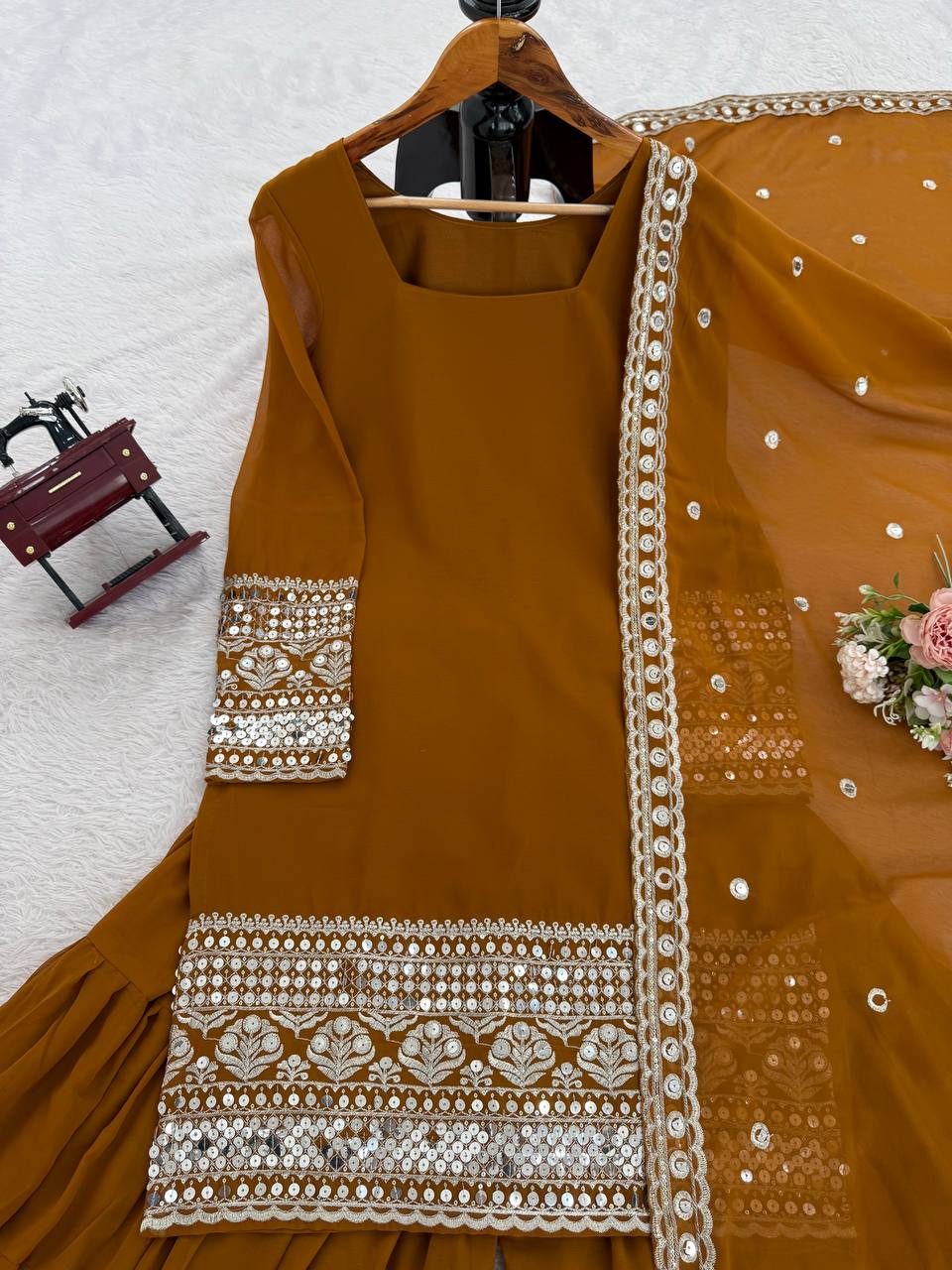 Ravishing Brown Georgette Thread Work Sharara Suit