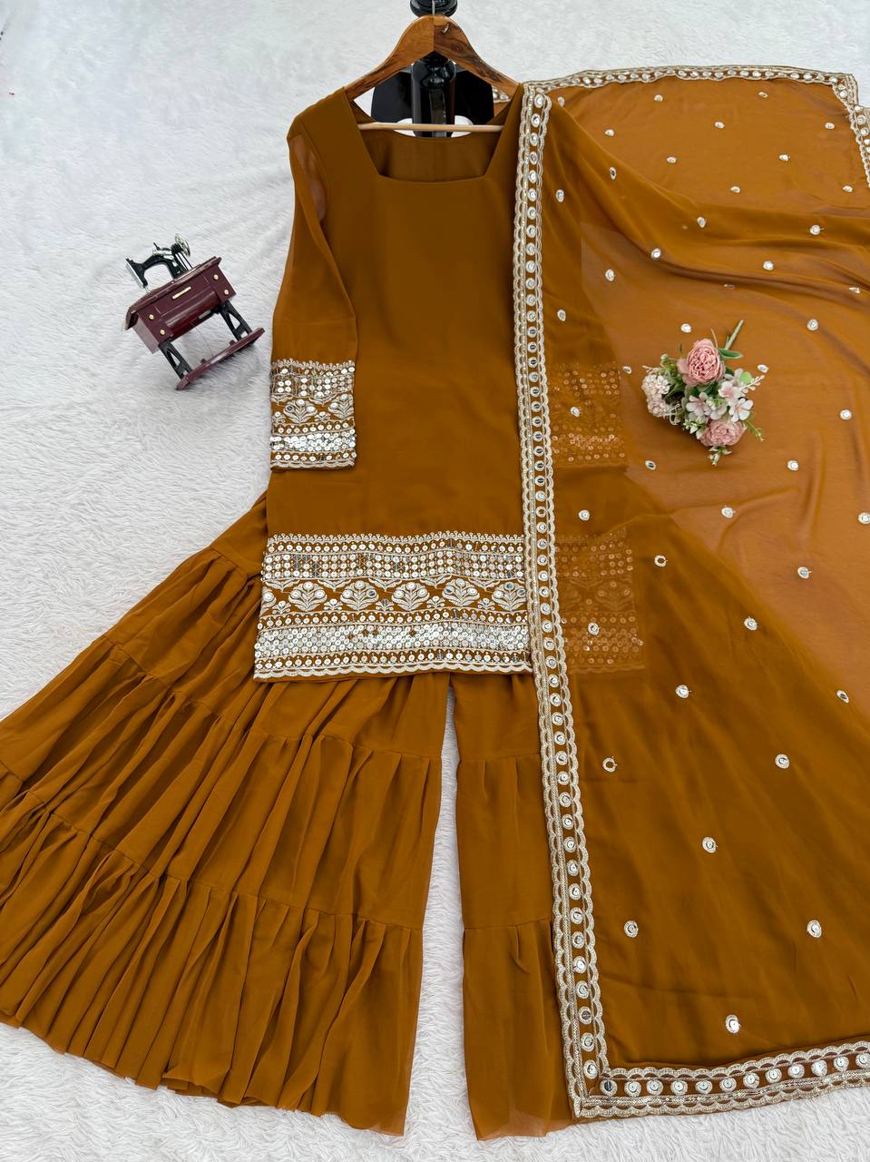 Ravishing Brown Georgette Thread Work Sharara Suit