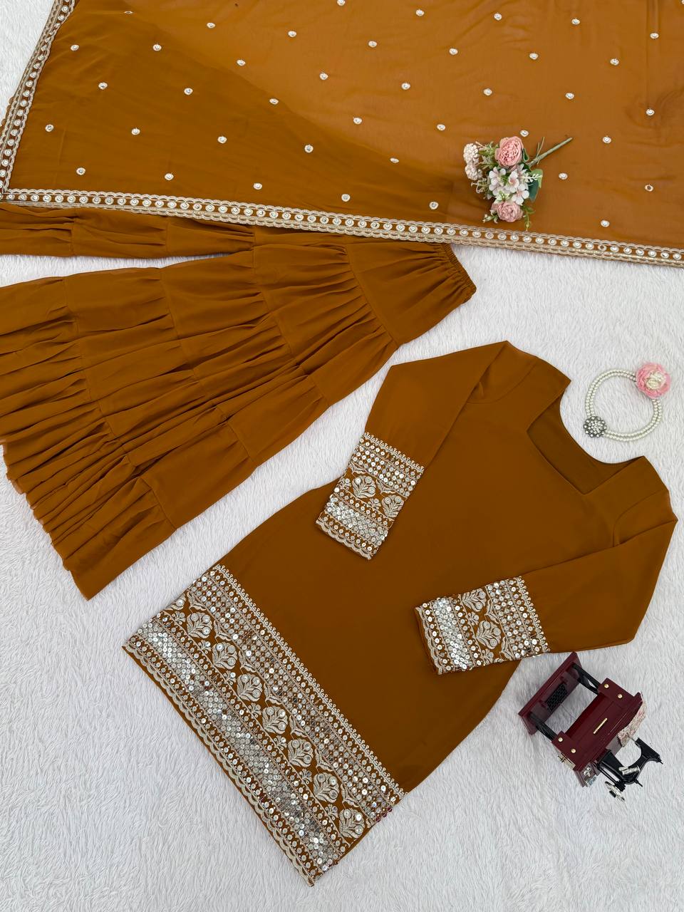 Ravishing Brown Georgette Thread Work Sharara Suit
